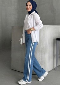 Resim Tesettür Diyarı Kadın Şeritli Baggy Kot Pantolon- Mavi Beyaz 