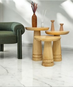 Resim ASELYA HOME Doğal Ahşap 3’lü Set Mantar Yan Sehpa Modern Naturel Fiskos Zigon Çiçeklik 