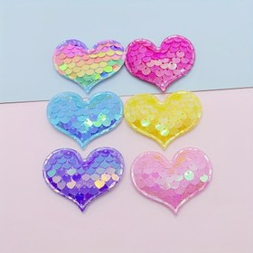 Resim 12 Adet Canlı Pullu Kalp Aplikeleri, 4.5x3.5cm - DIY Saç Tokaları, Baş Aksesuarları & Moda Aksesuarları için Karışık Renkler, Iridesan Bitişli Dikilebilen Yamalar, Kalp Saç Aksesuarları 