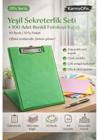 Resim Yeşil Sekreterlik Seti + 100 Adet Renkli A4 Fotokopi Kağıdı Dayanıklı Kapak, Çok Amaçlı Kullanım 