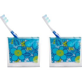 Resim 2 Adet Diş Fırçalık Mavi Çiçekli Akrilik 10x10x3cm Banyo Seti Çok Renkli 
