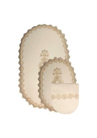 Resim Lisa Krem Oval 3'lü Dantelli Banyo Paspas Seti Çeyizlik Kaymaz Krem 