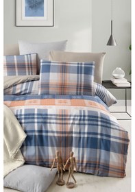 Resim Lastikli Çarşaflı Çift Kişilik Nevresim Takımı Plaid Lacivert 