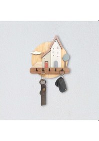 Resim CajuArt Pastel Renkli Evler Ahşap Anahtarlık Hol Antre Askılık Duvar Dekor Kahverengi 