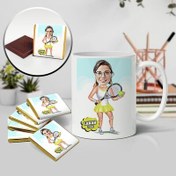 Resim Tenis Oynayan Kadın Karikatürlü Kupa ve Çikolata 