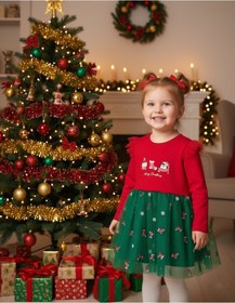 Resim Kız Çocuk Snowman And Penguın Tüllü Yılbaşı Elbise Nbk-24915 Kırmızı 