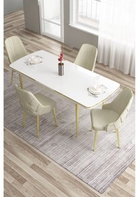 Resim Canisa Tia Serisi 80x132 Açılabilir Mdf Mutfak Masası Takımı Beyaz Masa Gold Detay 4 Krem Sandalye Masa Beyaz Sandalye Krem 