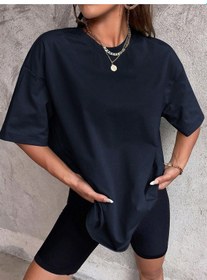 Resim Düz T-shirt - Lacivert Oversize Bisiklet Yaka Kısa Kol Tişört Lacivert 