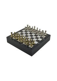 Resim Gifthome Orta Boy Parlak Metal Klasik Satranç Takımı Ve Mermer Desenli Sandıklı Mdf Tahtası 30x30x6 Cm. 
