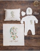 Resim yzc home size dair... E75 Bty Ekru Renk Isme Özel Isimli Baskılı Bebek Yastık Battaniye Tulum Şapka Eldiven Set 
