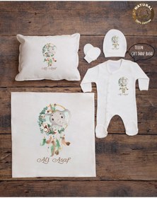 Resim yzc home size dair... E75 Bty Ekru Renk Isme Özel Isimli Baskılı Bebek Yastık Battaniye Tulum Şapka Eldiven Set 