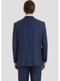Resim Sabri Özel Erkek Açık Lacivert Dar Kesim Slim Fit Yünlü Çizgili Fleto Kapaklı Cep Çift Yırtmaçlı Tam Astarlı Mono Yaka 4 Drop Takım Elbise 