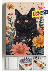 Resim Sayılarla Boyama Seti Numaralı Tuval Fırça Boya Dahil Kasnaklı Set 50x70 Cm - Siyah Kedi Ve Çiçekler 