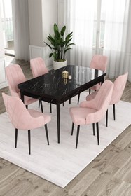 Resim Canisa Ram Serisi, Siyah Mermer Desen 80x132 Açılabilir Yemek Masası Takımı,6 Pembe Sandalye 