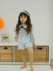 Resim Asortik Kids Kız Çocuk Çizgili Uzun Kollu Bluz + Kot Şort 2'li Set-K018-JLB-078 