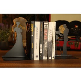 Resim Gelinlikli Kadın Figürlü Dekoratif Metal Kitap Tutucu, Kitap Dest 