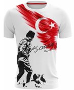 Resim Gençlik Ve Spor Bayramına Özel Mustafa Kemal Atatürk ve Türk Bayrağı Baskılı Beyaz T-Shirt 