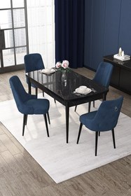 Resim Canisa Nex Serisi Mdf Açılabilir 80x132 Siyah Mermer Desen Masa Takımı ve 4 Lacivert Sandalye Gümüş Halka 