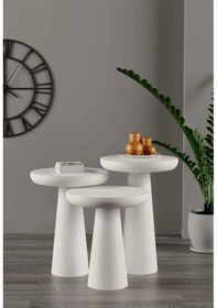 Resim Wood Ahşap Beyaz Renk Konik Model 3 Lü Set Mantar Yan Sehpa Fiskos Çiçeklik Decorative Beyaz 