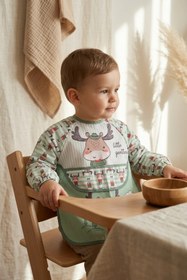 Resim Bebechi Milo Geyik Figürlü Su Geçirmez Kollu Bebek Beslenme Ve Etkinlik Önlüğü - Yeşil Leke Tutmaz Blw Mama 