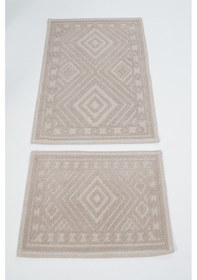 Resim Banyo Pamuk Paspas Seti, Kaymaz Taban, Şık Ve Dayanıklı 60x100 / 60x50 Ölçülerinde Kilim Bukle Set Bej 