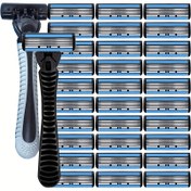Resim Blue Vintage Gentleman Tıraş Seti, 6 katmanlı Hassas Bıçaklar + Siyah Kaymaz Sap, Çoklu Özellikli Bıçak Setleri Seçenekli 3/6/12/24/30 Bıçaklar, Profesyonel Sakal Bakım Tasarımı, Erkeklerin Günlük Bakım Seçimi Hediye Kutusu 