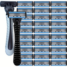 Resim Blue Vintage Gentleman Tıraş Seti, 6 katmanlı Hassas Bıçaklar + Siyah Kaymaz Sap, Çoklu Özellikli Bıçak Setleri Seçenekli 3/6/12/24/30 Bıçaklar, Profesyonel Sakal Bakım Tasarımı, Erkeklerin Günlük Bakım Seçimi Hediye Kutusu 