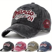 Resim Vintage Nakışlı "Orlando 2.54cm Pamuk Beyzbol Kapağı, Unisex Hip-Hop Sokak Stili, Alfabe Deseni, Elde Yıkan / Sadece Kurutma 