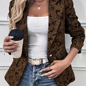 Resim Kadın Blazer - Ofis'ten Partiye Şık, Düğmeli Yapılı H-Siluet Ceket, Esnek Olmayan Kahverengi Resmi ve Günlük Dış Giyim, İlkbahar/Sonbahar Geçiş Sezonu İçin Kollu Tasarım 