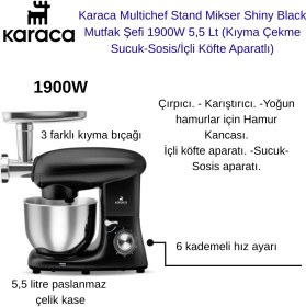 Resim Karaca Multichef Stand Mikser Siyah Mutfak Şefi 1900W 5,5 Lt + Fakir Mutfak Tartısı Hediye 