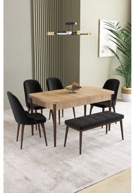 Resim Ikon Meşe Desen 80x132 Mdf Açılabilir Yemek Masası Takımı 4 Sandalye, 1 Bench Siyah 