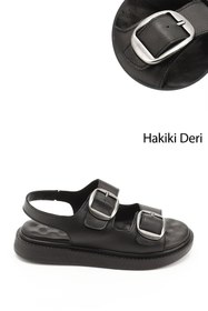 Resim Gönderi(r) Kadın Siyah Cırtlı Tokalı Hakiki Deri Comfort Sandalet 