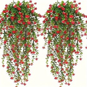 Resim 2 adet UV Dayanıklı Yapay Eukaliptüs Asılı Bitki - Ev Dekoru, İyi Olun ve Açık Hava Kullanımı için Kırmızı Çiçeklerle Gerçekçi Yeşillik Sarmalı, Bakımı Olmayan Plastik Sahte Yeşillik, İç ve Dış Mekan Dekoru için Dayanıklı Plastik Yapraklar, Sahte Bitki, Dayanıklı Plastik Yapraklar, Yapay Açık Hava Bitkileri 