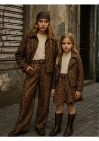 Resim Zekids Kız Çocuk Leopar Desenli Süet Geniş Paça Tasarım Pantolon-16291 Kahverengi 