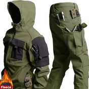 Resim Erkekler İçin Kışlık Outdoor Takım: Çok Cepli Polar Yumuşak Kabuk Ceket ve Pantolon, Rüzgar Geçirmez Dayanıklı Soğuk Hava Ekipmanı | Spor Polar Ceket | Polyester Polar Takım, Kış Giyim 