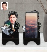 Resim Bk Gift Kişiye Özel Erkek Bankacı Karikatürlü Ahşap Biblo Telefon Standı-3 
