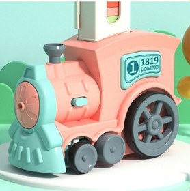 Resim Children Dominoes Toy Train Electrical Music Light Train Automatic Casting Tokens Toy Pink 