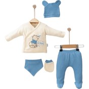 Resim minicayzen 5Lİ HASTANE ÇIKIŞI- Ayıcık Nakışlı Üst, Pike Kumaş Patikli Alt, Şapka, Eldiven, Önlük 