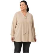 Resim Büyük Beden Kravat Yaka D Toka Detaylı Bej Rengi Bluz Bej 