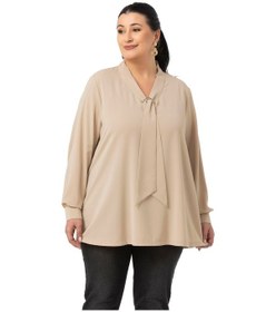 Resim Büyük Beden Kravat Yaka D Toka Detaylı Bej Rengi Bluz Bej 