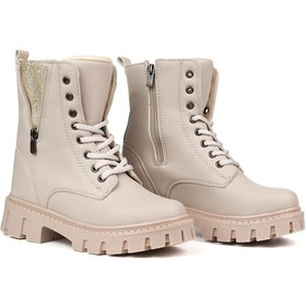 Resim Kadın Bej Fermuar Detaylı Postal Bot Kalın Taban Fermuarlı Bağcıklı Rahat Günlük Şık Ve Dayanıklı Bej 