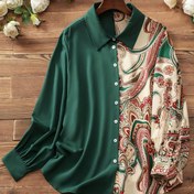 Resim Elegant Büyük Beden Kadın Bluzu Benzersiz Paisley Baskı - Uzun Kollu, Düğmeli, Esnemez Polyester - Makinede Yıkanabilir 