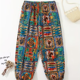 Resim Kızlar için Moda Baskılı Geniş Paça Pantolon, %100 Polyester Esnemez Kumaş, Her Mevsim İçin Cepli Bol Kesim Uzun Pantolon, Yüksek Bel Pantolon, Dış Mekanlar İçin Mükemmel 