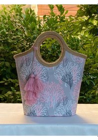 Resim Jüt Hasır Pembe Mercan Plaj Çantası Pembe 