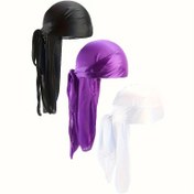 Resim 3 Paket Unisex Esnek Saten Başörtüsü, Nefes Alabilir Polyester Baş Sarma Bandana Bere, Önceden Bağlanmış Durag Türban Şapka, Kadınlar Erkekler İçin Rahat Düz Renkli Kafatası Şapkaları 