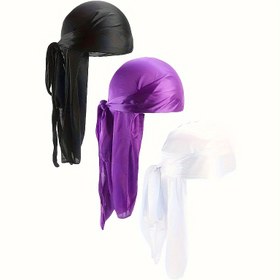Resim 3 Paket Unisex Esnek Saten Başörtüsü, Nefes Alabilir Polyester Baş Sarma Bandana Bere, Önceden Bağlanmış Durag Türban Şapka, Kadınlar Erkekler İçin Rahat Düz Renkli Kafatası Şapkaları 