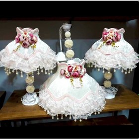 Resim Kumaş Kaplama Çiçek Süslemeli Dekoratif Abajur Üçlü Set A166 