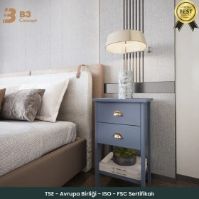 Resim B3 Concept Retro Serisi Özel Tasarım Yatak Yanı - Kolay Kurulum - Çift Çekmeceli Komodin Antrasit Gri 