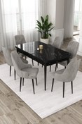 Resim Canisa Eta Serisi 80x132 Mdf Siyah Mermer Desenli Açılabilir Masa 6 Gri Sandalye Mutfak Masası Takımı 