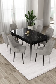 Resim Canisa Eta Serisi 80x132 Mdf Siyah Mermer Desenli Açılabilir Masa 6 Gri Sandalye Mutfak Masası Takımı 